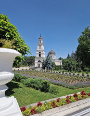 CHISINAU, MOLDOVA - JUNE 20, 2025 The Metropolitan Cathedral Nativity of the Lord with the bell tower, architectural centerpiece of moldovan capital. Summer season beautiful view to the landmark