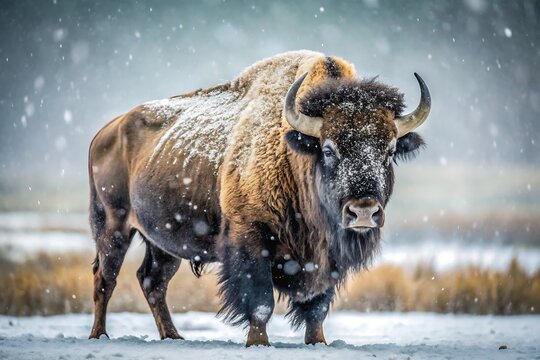 A bison is standing in the snow during a winter storm