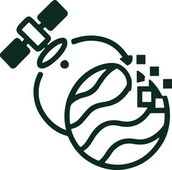 Vector illustration of a satellite orbiting stylized Earth with digital signal squares, solar panel, and curved planetary lines, representing satellite communication, geospatial tracking, remote sensi