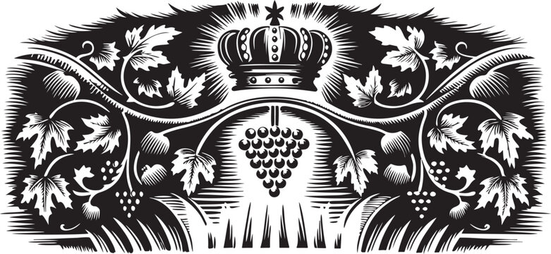 crown with ornate flourishes, grape vines illustration