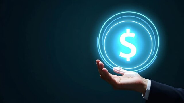 Flat Hand showing holographic cost icon representing profit management revenue cost in empty space background concept as Hand presenting holographic cost icon symbolizing profit management revenue cos
