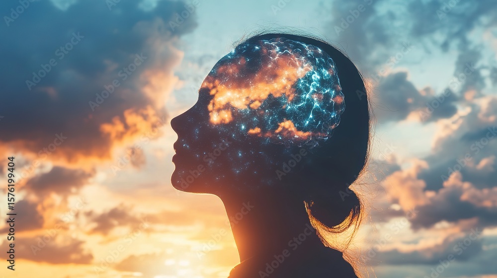 Poster silhouette of a person's head at sunset with a digital neural network overlay symbolizing brain acti