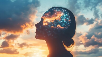 Silhouette of a person's head at sunset with a digital neural network overlay symbolizing brain activity and thought.