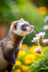 A cute ferret explores the garden among the flowers
