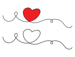 Abstract love symbol. Heart line art decorative element, elegant, valentine banner design. Doodle continuous single line drawing of heart shape isolated on white background. Vector illustration