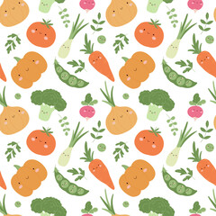 Seamless pattern with cute vegetables and herbs. Kawaii style cartoon broccoli, tomato, pumpkin, onion, carrot, radish, peas, and greenery on white background.