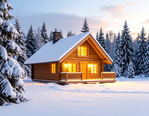 Cozy log cabin nestled in a snowy forest at twilight.
