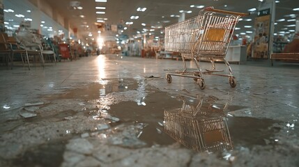 A shopping cart in a supermarket with water leaking on the floor and an abandoned aspect