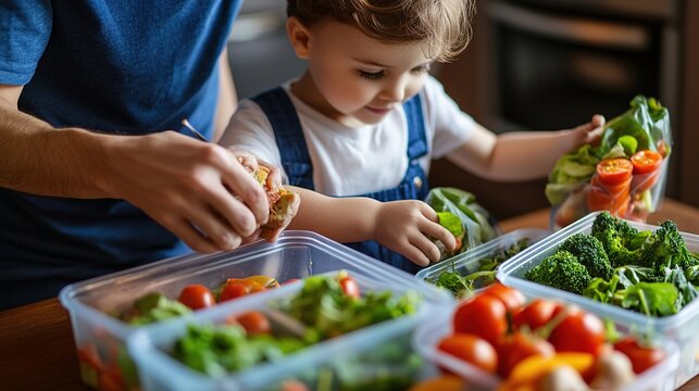 A young child and adult prepare fresh, healthy vegetables together in a kitchen, focusing on nutritious meal prep.