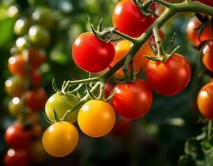 vibrant cherry tomatoes growing on the vine capturing various stages of ripeness