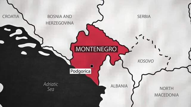 Montenegro Map - Fast Zooming from World Map. Animated Motion Graphics Shape Map of the Montenegro. 4K Resolution Stock Video for News, Vlogs etc.