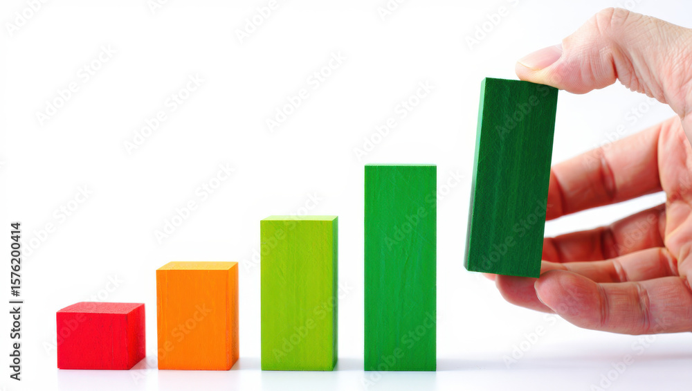 Poster building success a hand placing a green bar on a rising bar graph symbolizing growth and achievement