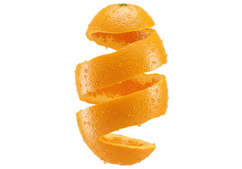 Isolated Spiraling Orange Peel with Water Droplets, Zest Abstract