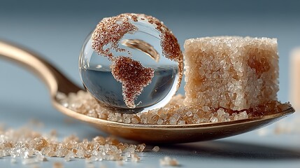 A spoon with a globe made of sugar and a sugar cube on top of a light blue background surface