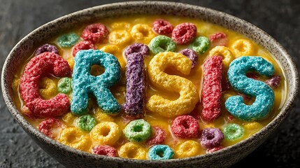 Close up of a bowl of cereal with the word "crisis" spelled out in large cereal letters inside it