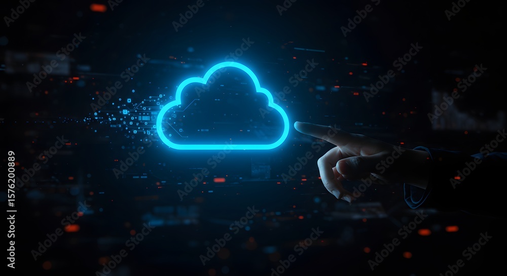 Poster cloud computing technology hand interacting with glowing cloud icon in digital space