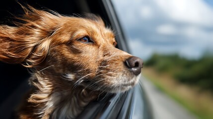 A golden dog with its head out of a car window, enjoying the breeze on a sunny day, on a road trip ride