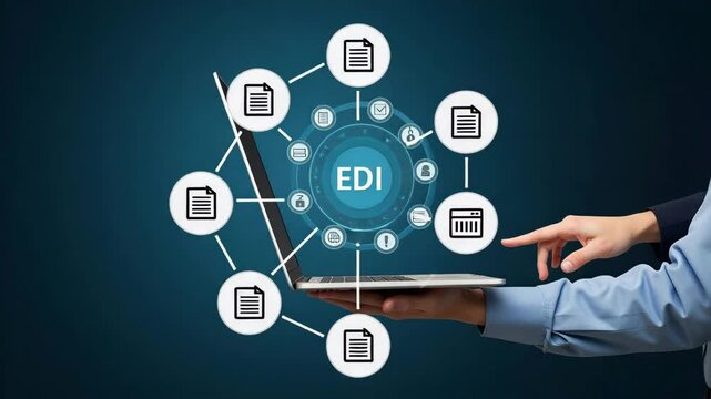 Hand Using Laptop Displaying EDI Icons for Global Data Transfer and Digital Security in Business Context - Stock Photo Concept with Empty Space for Customization