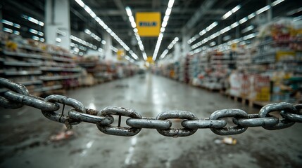 A metal chain in focus with blurred shelves and lights in the background inside a retail store aisle
