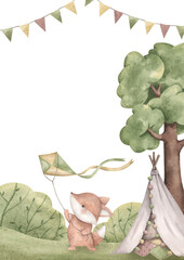 Woodland friends. Watercolor hand-drawn frame with cute fox and kite, children's hut, tree, bushes and flags. Themplate card for design baby shower, birthday, nursery.