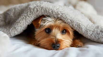Small brown dog peeking out from under a fluffy gray blanket on a white bed, looking at the camera
