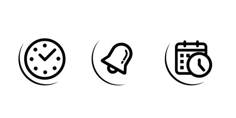 Calendar, Notification Bell, Clock Icons. Event Icon Set. Vector reminder, time, and date symbols.
