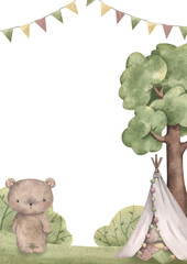 Woodland friends. Watercolor hand-drawn frame with teddy bear in a forest glade, children's hut, tree, bushes and flags. Themplate card for design baby shower, birthday, nursery.