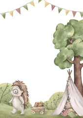 Woodland friends. Watercolor hand-drawn frame with hedgehog, cart with books, children's hut, tree, bushes and flags. Themplate card for design baby shower, birthday, nursery.