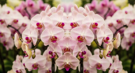 Obraz premium Elegant Pink and White Phalaenopsis Orchids with Deep Pink Centers Symmetrical Arrangement.