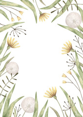 Woodland friends. Watercolor hand-drawn frame with wildflowers - dandelions, small flowers and blades of grass. Themplate card for design baby shower, birthday, nursery.
