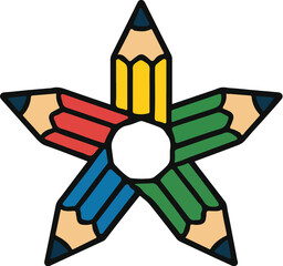 Vector icon featuring a star-shaped arrangement of five colorful pencils radiating outward, symbolizing creativity, learning, and artistic expression. Ideal for school branding, stationery design, edu