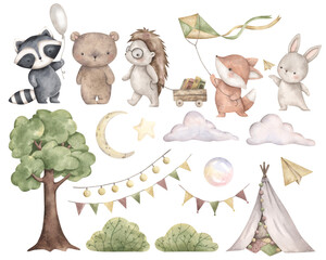 Woodland friends. Watercolor hand-drawn clip art with forest animals, tree, bushes, hut, flags, moon and star. For design baby partyes, baby shower, birthday, and nursery.