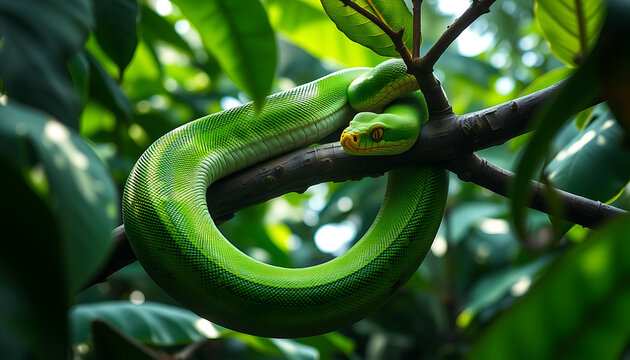 green snake in the tree | Green Tree Python Coiled on a Branch Amidst Jungle Foliage