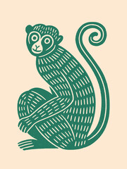 Monkey sitting, stylized engraving sketch, vector illustration