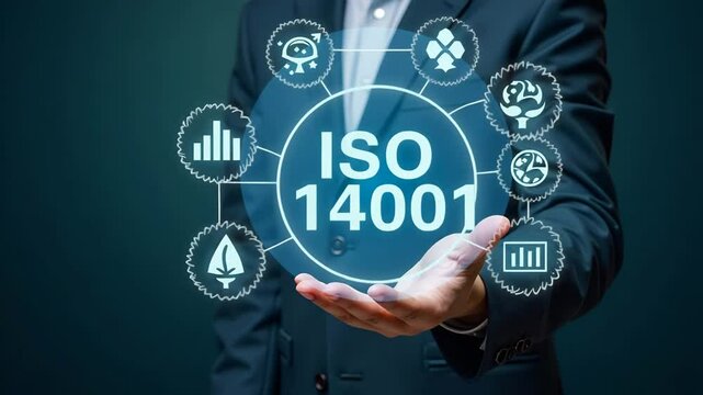 Hand Interacting with Holographic ISO 14001 Certification Interface, Displaying Environmental Management & Sustainability Icons, Eco Practices in Empty Space Concept