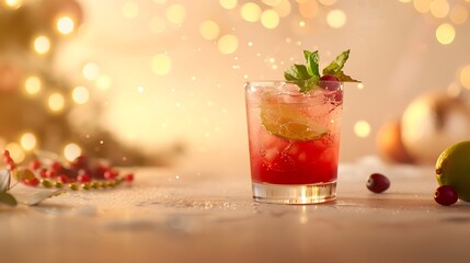 Festive Cranberry Cocktail with Holiday Bokeh Lights