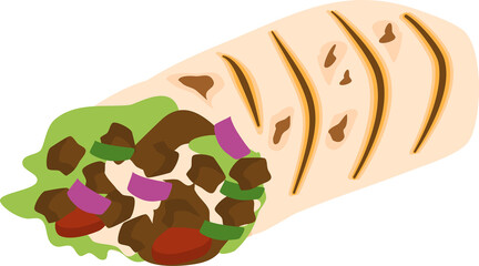 Shawarma chicken roll in a pita with fresh vegetables, cream sauce