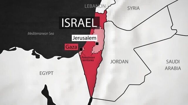Israel and Gaza Map - Fast Zooming from World Map. Animated Motion Graphics Shape Map of the Israel and Gaza. 4K Resolution Stock Video for News, Vlogs etc.
