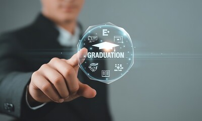 Person Touching Futuristic Glowing 'graduation' Icon on Gray Background