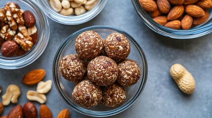 Energy balls made with nuts and seeds in a glass bowl, surrounded by assorted nuts like almonds, cashews, walnuts, and peanuts on a gray surface.
