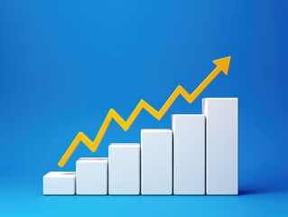 Bar Graph with Ascending Yellow Arrow on Blue Background Illustrating Financial Growth and Business Success in a Modern and Dynamic Visual
