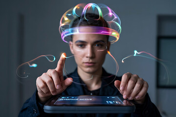 Young man interacting with futuristic holographic interface and digital tablet