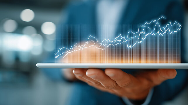 Rising Graph on Tablet: A detailed close-up captures a digital graph ascending on a tablet, symbolizing financial growth and technological progress.