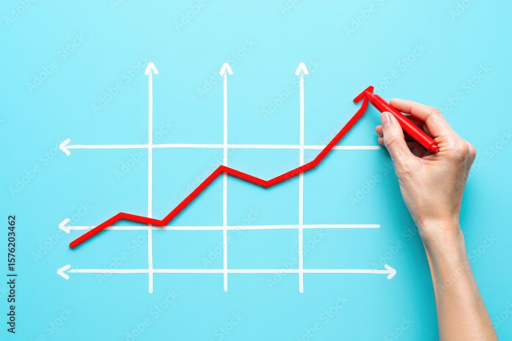 Poster charting the course a hand guides a red line upward on a graph against a blue backdrop symbolizing s