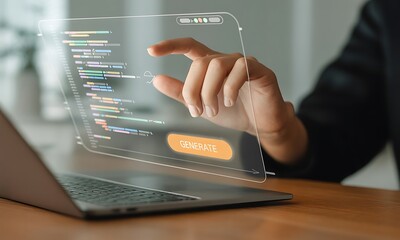 Hand Touching Digital Transparent Screen with Colorful Data Over Laptop