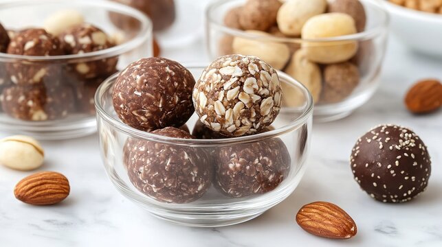 A close-up of glass bowls filled with various chocolate and nut energy balls on a marble surface, surrounded by scattered almonds and nuts.