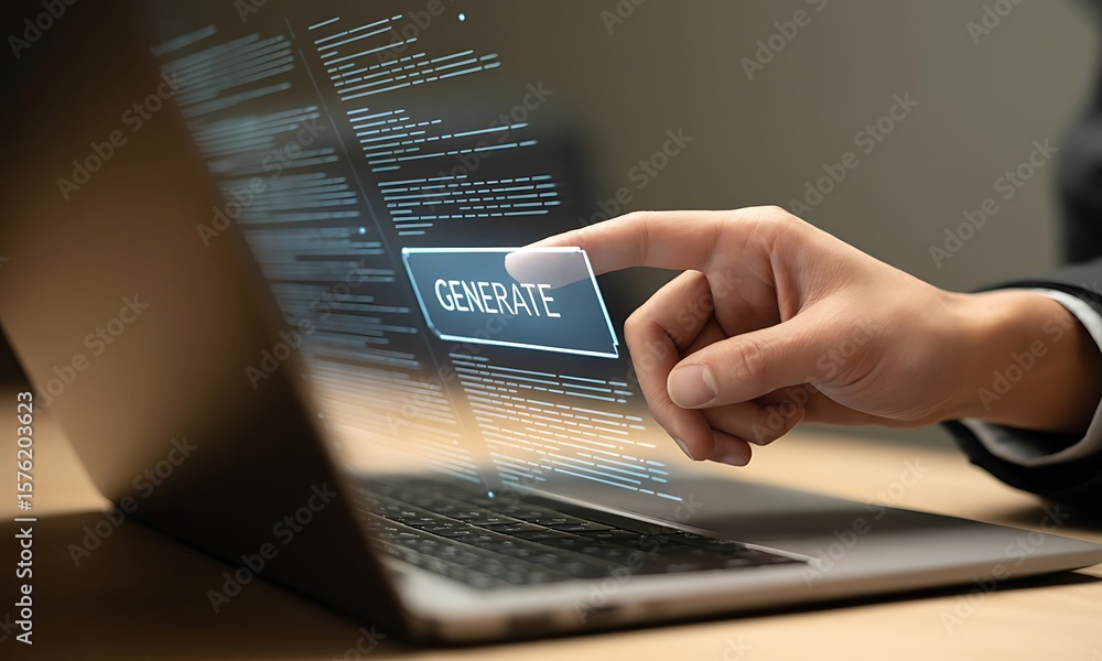 Poster hand pressing 'generate' button on laptop screen with code overlay in soft lighting