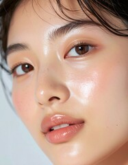 日本人, 超リアル, 美しい, 若い女性, 顔, クローズアップ, 欠点のない肌, 輝く肌質, ナチュラルメイク, 柔らかなライティング, 美容CM風, シネマティック, カメラ目線, 高解像度,Japanese, ultra-realistic, beautiful, young woman, face, close-up, flawless skin, glowing complexion