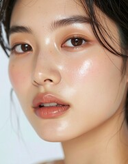 日本人, 超リアル, 美しい, 若い女性, 顔, クローズアップ, 欠点のない肌, 輝く肌質, ナチュラルメイク, 柔らかなライティング, 美容CM風, シネマティック, カメラ目線, 高解像度,Japanese, ultra-realistic, beautiful, young woman, face, close-up, flawless skin, glowing complexion