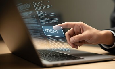 Hand Pressing 'generate' Button on Laptop Screen with Code Overlay in Soft Lighting